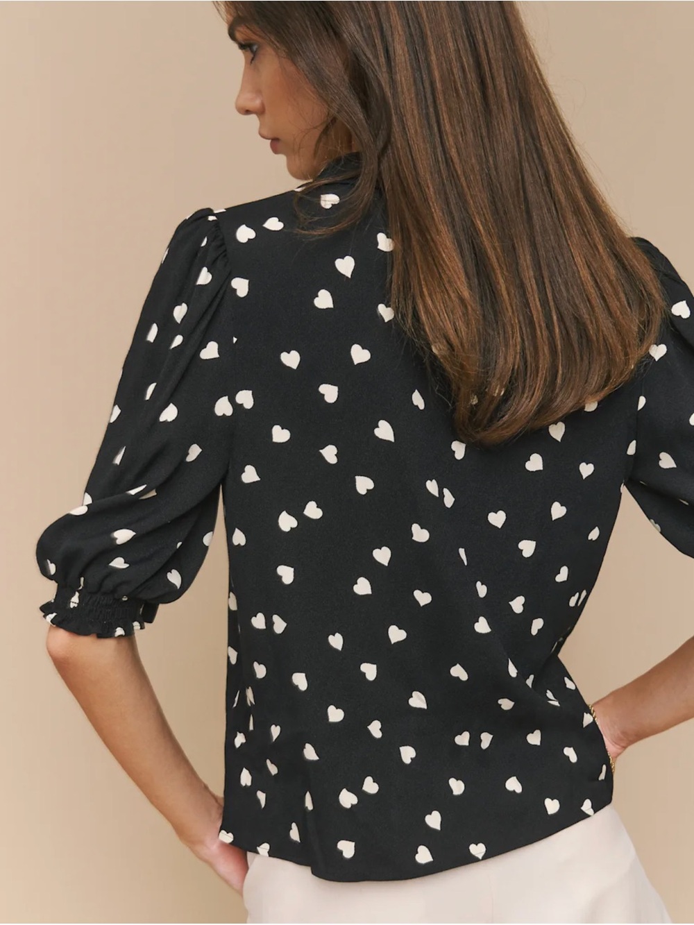 Reformation Joelle Top in Luv It Black w/ Cream White Hearts Size Small - Picture 3 of 8